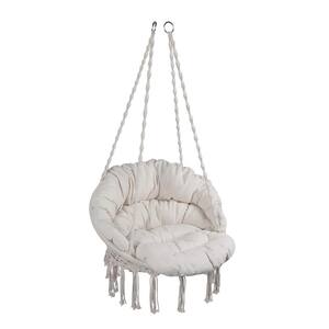 2 ft. Beige Macrame Swing Hanging Cotton Rope Hammock Swing Chair for Indoor and Outdoor with Beige Cushion for Balcony