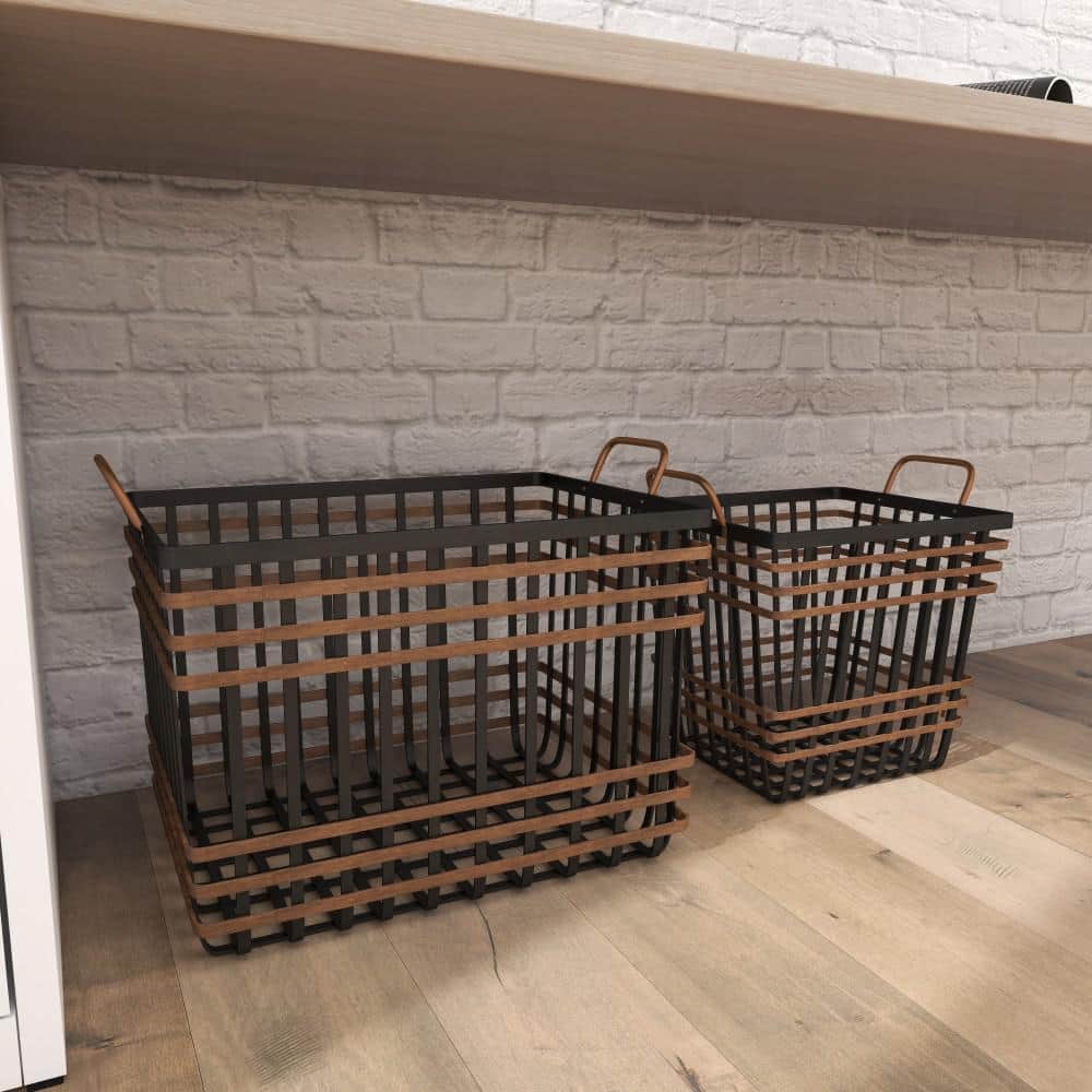 Black and Brown Seagrass Rectangular Storage Baskets with Handles, Set of 2