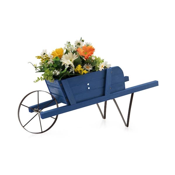 Blue Pine Wood and Metal Garden Wagon Planter