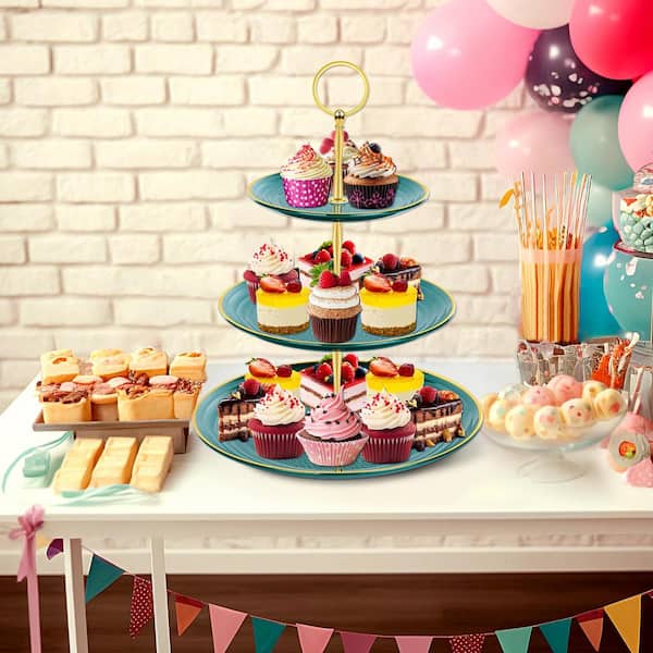 13.4 in. x 9.84 in. 3-Tier Plastic Cupcake Stand Holder, Metal Rod Dessert Tower for Birthday Party Baby Shower (Green)