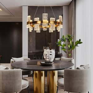 Euromos 24-Light dimmable Integrated LED Plating Brass Drum Chandelier with Glacial Handmade Glass