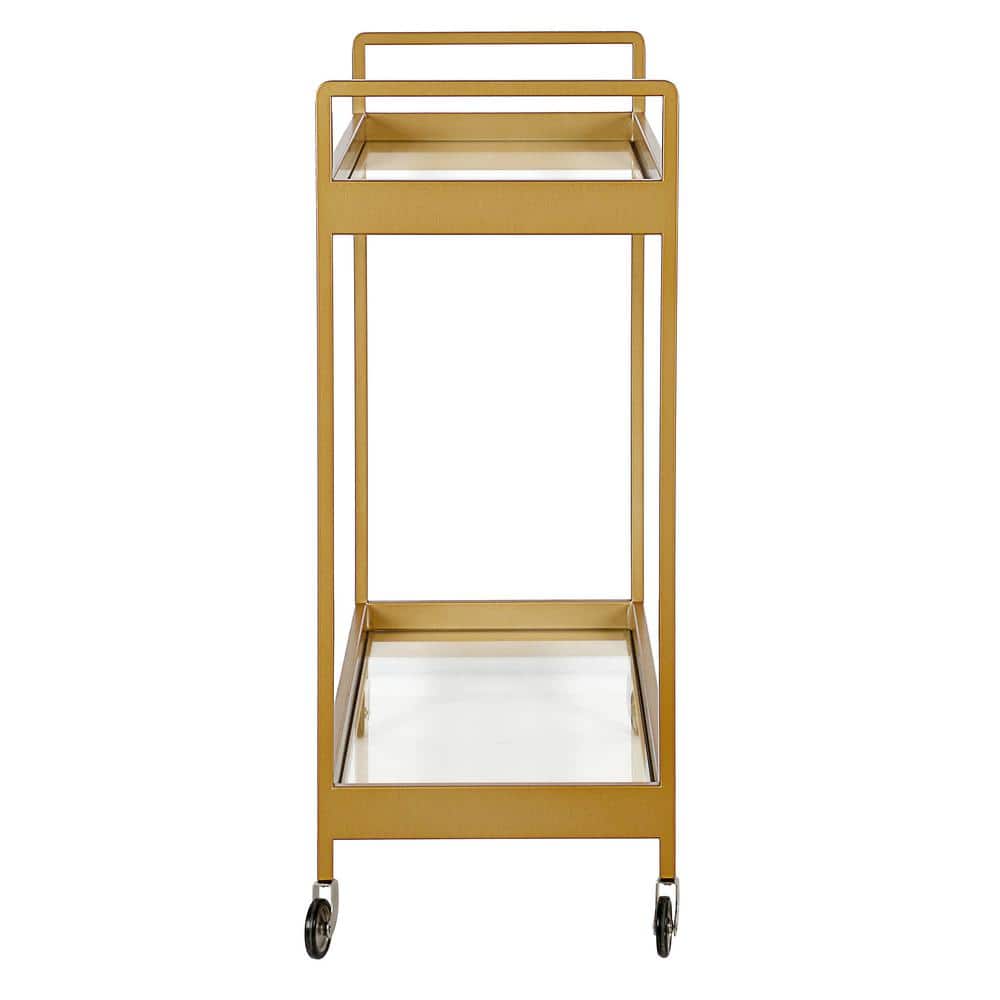 Glamourous Brass Finish Rectangular Bar Cart with Glass Shelves
