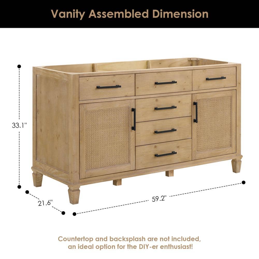 Solana 60" Weathered Fir Double Vanity Base with Rattan Accents