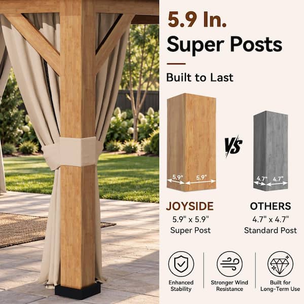 15 ft. x 13 ft. Wood Grain Aluminum Double Galvanized Steel Roof Gazebo with Ceiling Hook, Mosquito Netting and Curtains