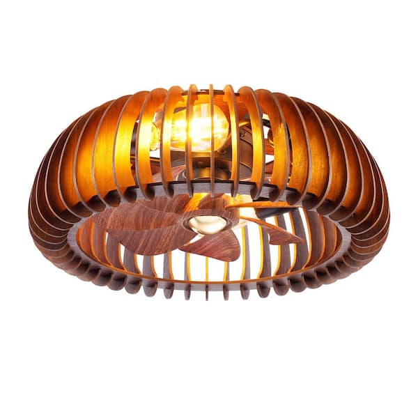 20" Caged Wood Flush Mount Ceiling Fan with Lights,4 E26 Bulb Sockets (No Bulbs),Remote&APP Control,6 Speeds Reversible