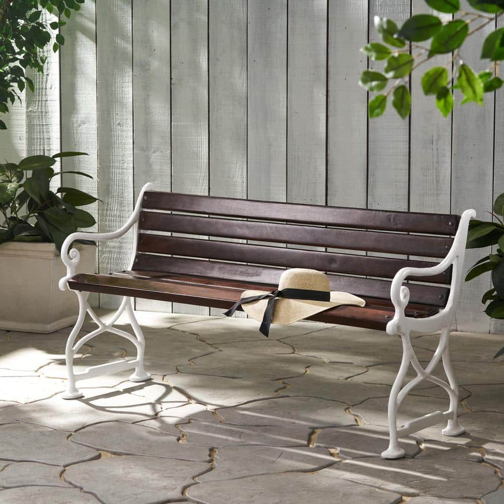 Rustic Brown Acacia & White Iron Floral Outdoor Bench
