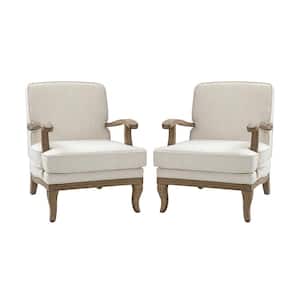 Quentin Ivory Farmhouse Wooden Upholstered Arm Chair with Wooden Legs and Foot Pads Protecting the Floor (Set of 2)
