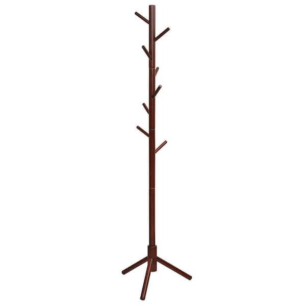 Walnut Wooden Coat Rack Stand Hall Tree Entryway Organizer 2-Heights with 8-Hooks