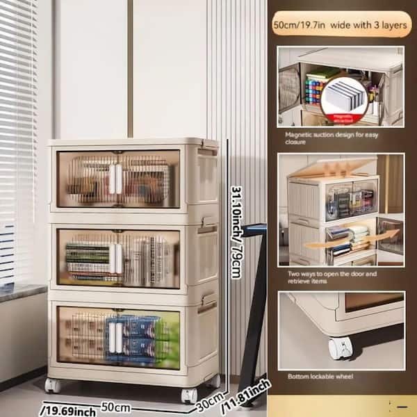 White 31.5 in. H 3 Tiers Folding Collapsible Storage Cabinet with Magnetic Door, Plastic Storage Cabinet with Wheels