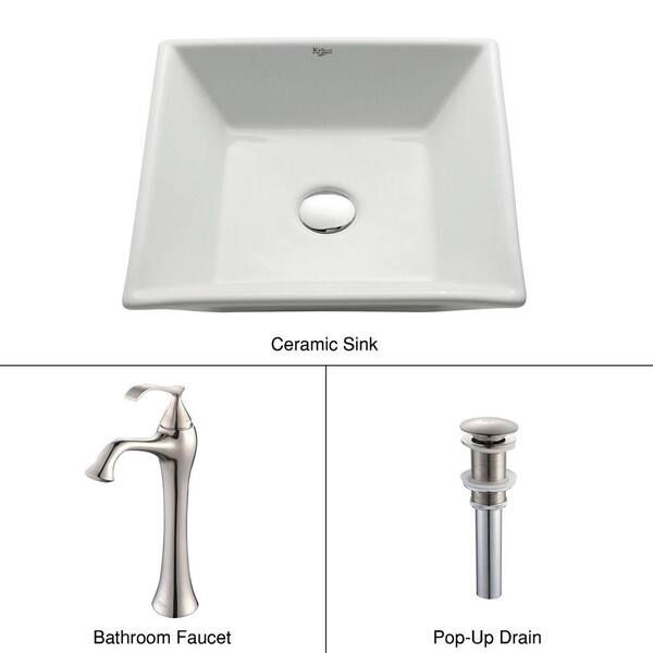 KRAUS Flat Square Ceramic Vessel Sink in White with Ventus Faucet in Brushed Nickel