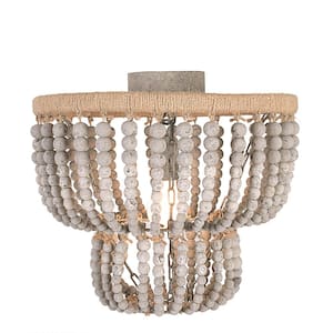 1-Light Distressed Grey 2-Tier Draped Chandelier with Wood Bead Shade