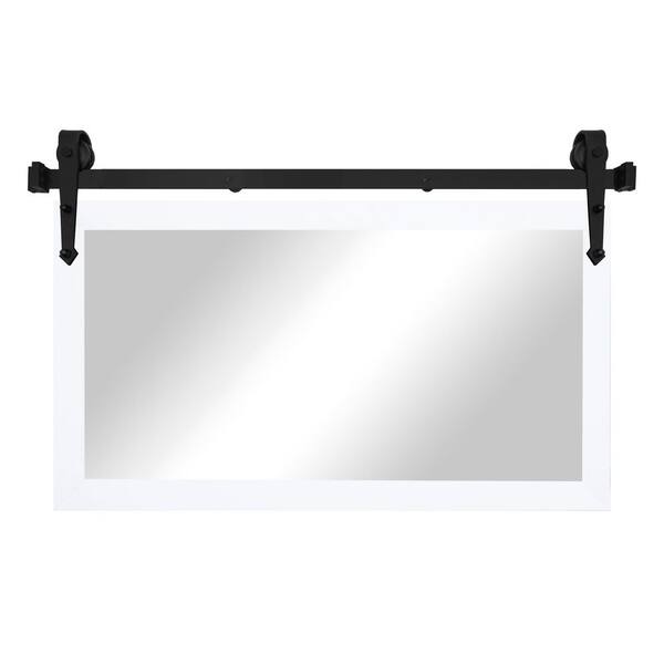 (33 in. W x 26 in. H) White Modern Rustic Mirror with Steel Barn Door Rail