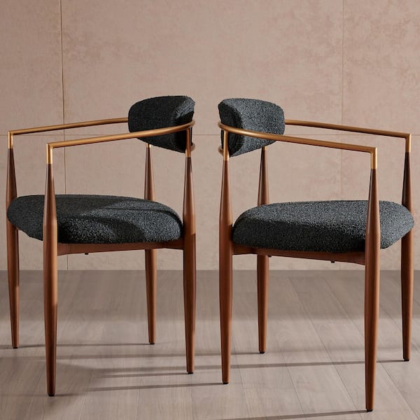 Modern Black Boucle Upholstered Dining Chair (Set of 2), Wood Grain Metal Frame Accent Chair for Kitchen Restaurant