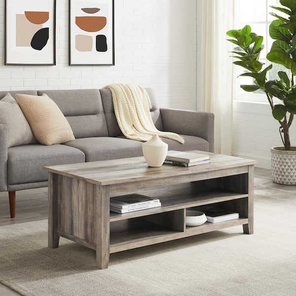 Walker Edison Furniture Company 48 in. Grey Wash Rectangle MDF Top Coffee Table with Shelf