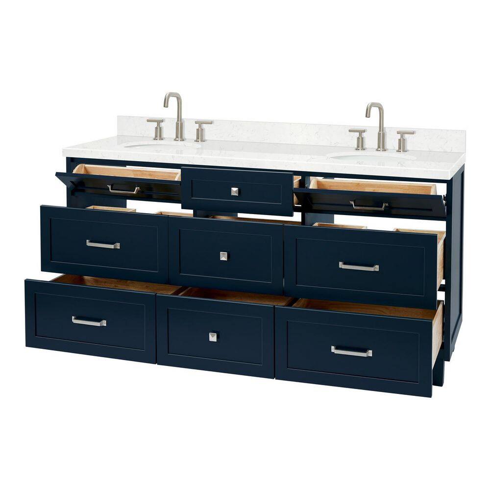 Monroe 66" Midnight Blue Double Sink Vanity with Carrara White Quartz Top