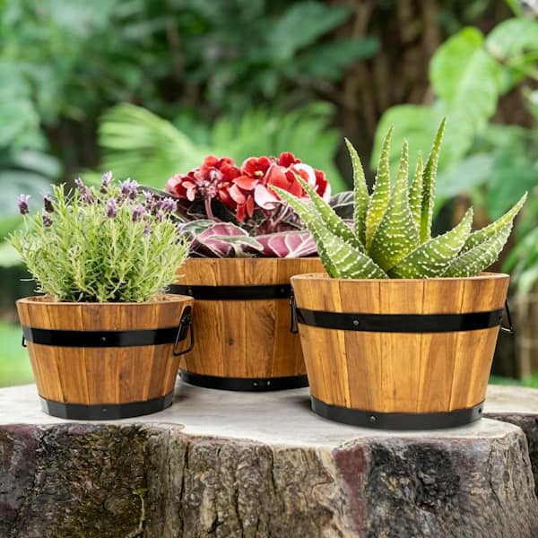 Brown Set of 3 Wood Flower Boxes Outdoor Floor Planters HPBWSHWHF4