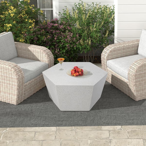28 in. Off-White Hexagon Terrazzo Outdoor Coffee Table, Patio Conversation Table