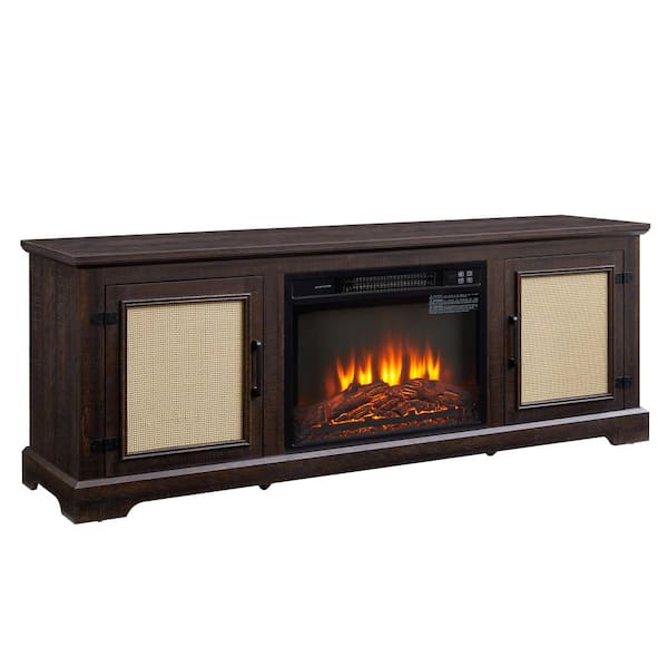 65 in. Freestanding Rattan Door TV Stand with 23 in. Fireplace Insert Adjustable Shelf Wood Console Table Espresso Brown