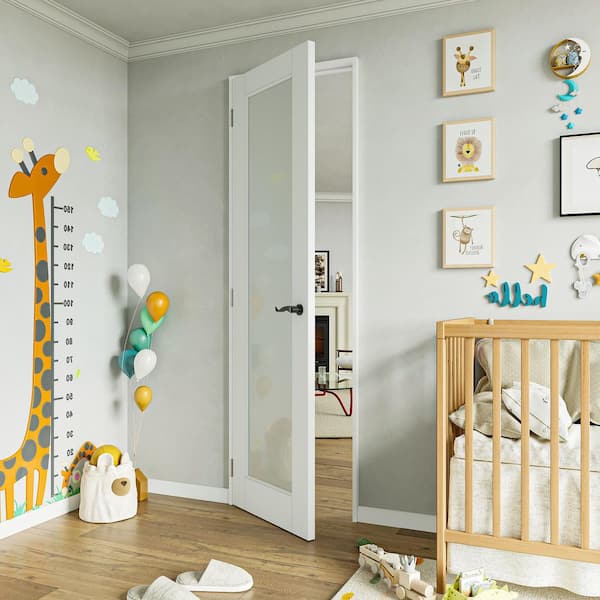 24 in. x 80 in. 1-Lite Frosted Glass Right-Hand White Solid Core Glass Single Prehung Interior Door+ Quick Assemble Jamb