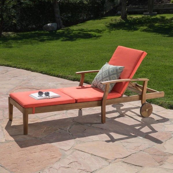 Noble House Giancarlo Teak Wood Outdoor Chaise Lounge with Orange Cushion