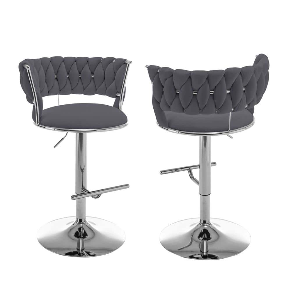 Adjustable Dark Gray Velvet Swivel Bar Stools with Chrome Base
