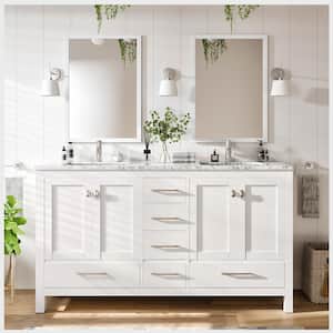 London 60 in. x 18 in. Bath Vanity in White with Carrara Marble Top in White with White Porcelain Sinks