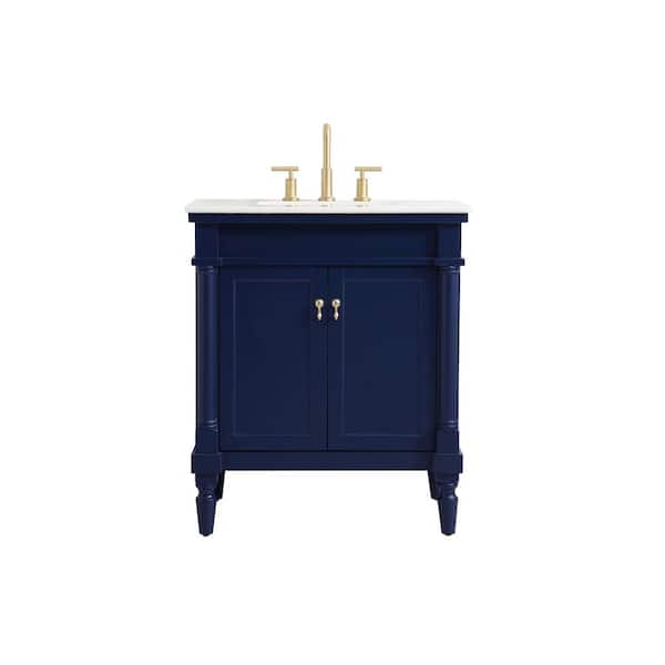 30 in W x 21.5 in. D x 35 in H Single Sink Bath Vanity in Blue with Ivory White Engineered Marble Top