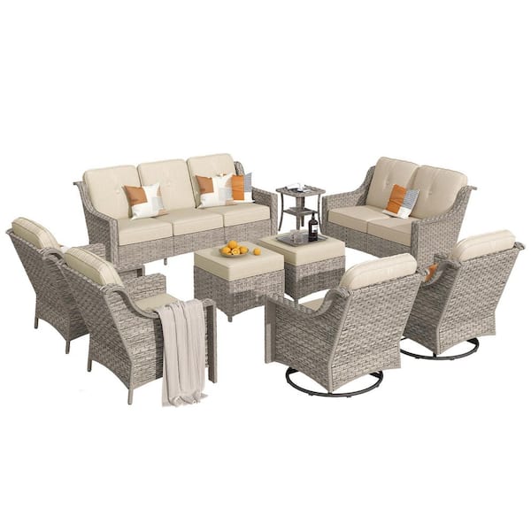 Eureka Gray 9-Piece Wicker Modern Outdoor Patio Conversation Sofa Seating Set with Swivel Chairs and Beige Cushions