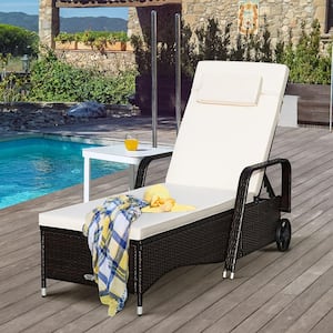 Black Rattan Wicker Outdoor Patio Lounge Chair Adjustable Reclining Chair with Wheels and Beige Cushions