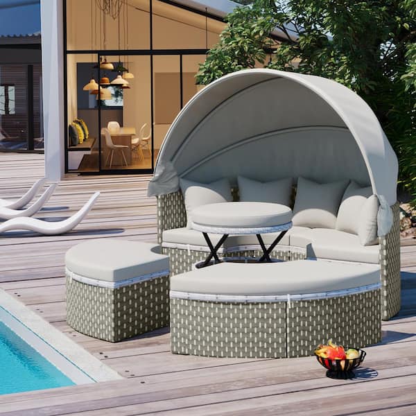 Zeus & Ruta Natural Wicker Patio Outdoor Rattan Day Bed with Gray Cushions, Retractable Canopy and Separate Seating