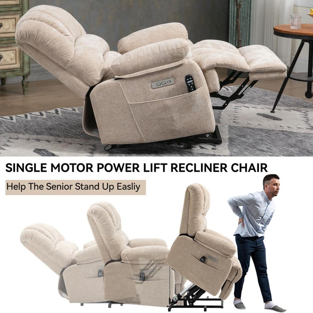 Beige power lift recliner chair shown in various lift and recline positions.