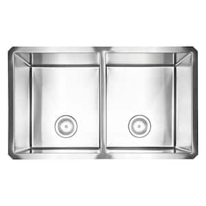 32 in. Undermount Double Bowl Handcrafted Stainless Steel Kitchen Sink with Strainer Baskets