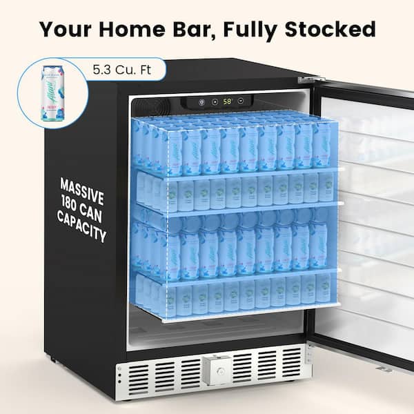 23.43 in. 5.0 cu. ft. 180-Can Undercounter Fridge Mini-Refrigerator in Stainless Steel Silver for Kitchen Office Bar