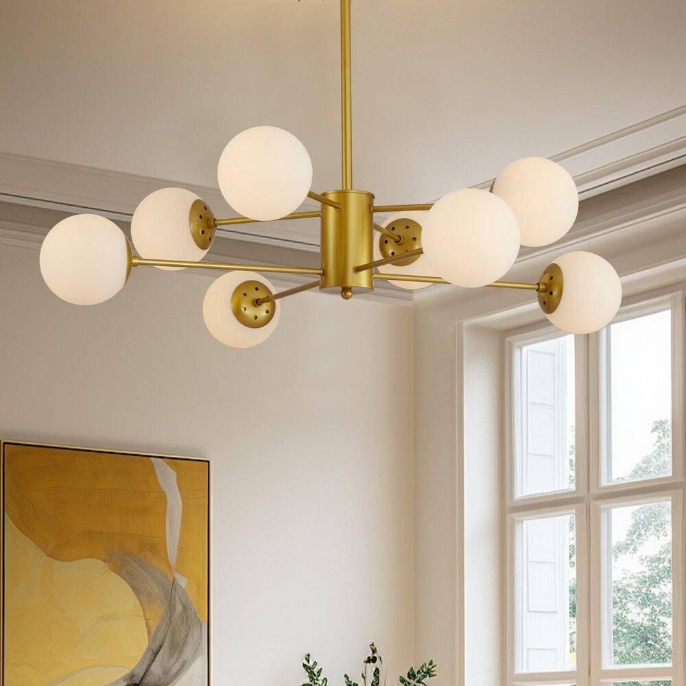 Modern Branching 8-Light Gold with White Glass Globe Mid-Century Chandelier for Living Dining with No Bulb price history on PriceWatchPro