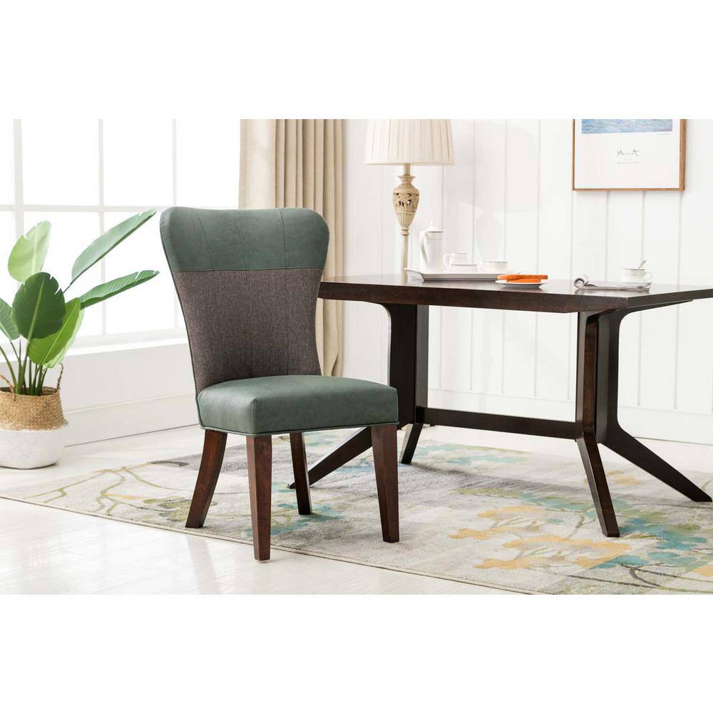 Transitional Upholstered Faux Leather & Wood Side Chair in Green/Gray