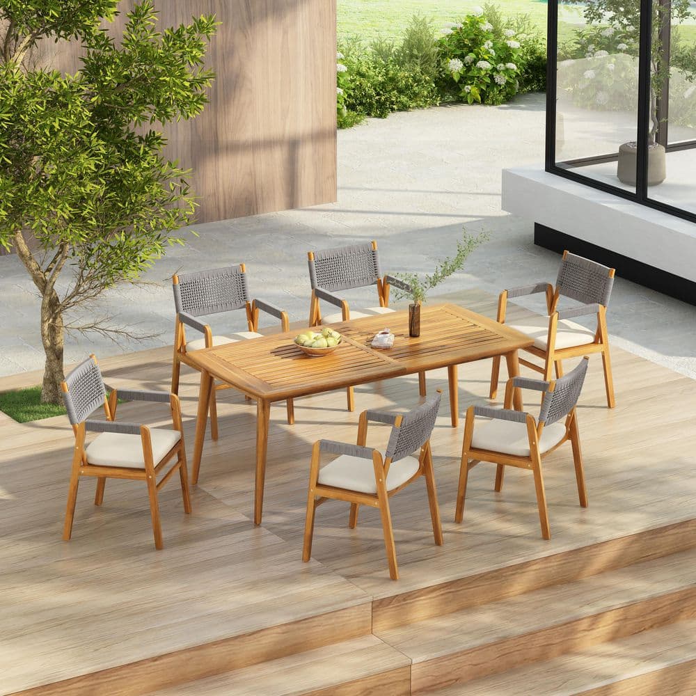 Agnes Modern 7-Piece Wood and Rope Woven Rectangle Patio Outdoor Dining Set with Beige Cushions, Teak + Grey