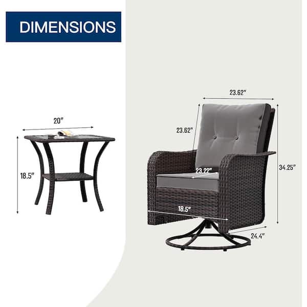 3-Piece Wicker Swivel Outdoor Rocking Chairs with Coffee Table and Cushion Grey