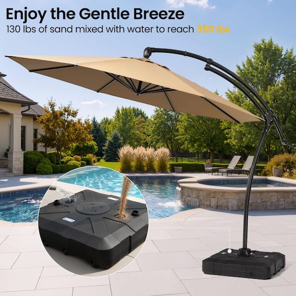 11 round patio umbrella tilting Pellebant 11 ft. Round Aluminum Offset Cantilever 360° Rotational Tilt Hanging Patio Umbrella in Tan and 350 lb. Rolling Base