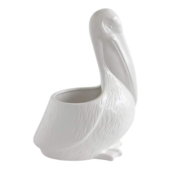Storied Home 9.5 in. L x 6.5 in. W x 13.5 in. H 14 qt. White Ceramic Pelican Shaped Decorative Pot