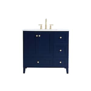 Timeless Home 36 in. W x 22 in. D x 34 in. H Single Bathroom Vanity in Blue with Calacatta Engineered Stone