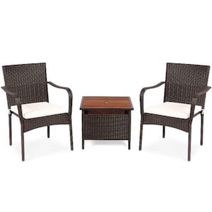 Brown 3-Piece Wicker Outdoor Bistro Set with Side Table and Beige Cushions