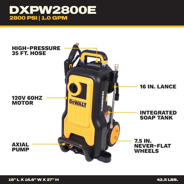 2800 PSI 1.0 GPM Electric Pressure Washer, Axial Pump, Soap Tank, Reliable Residential Cold Water Power Washer