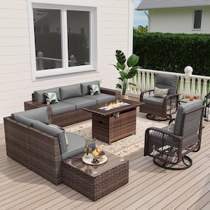 10-Pieces Outdoor Fire Pit Patio Set, Wicker Sectional Set with Swivel Rocking Chairs, Coffee Table, Gray Cushions