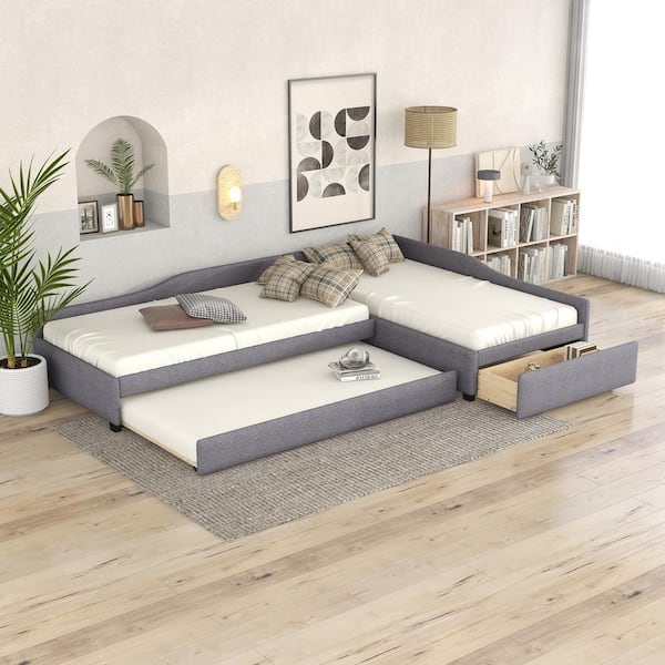 Gray Upholstered Double Twin Size Daybed with Trundle and Drawer