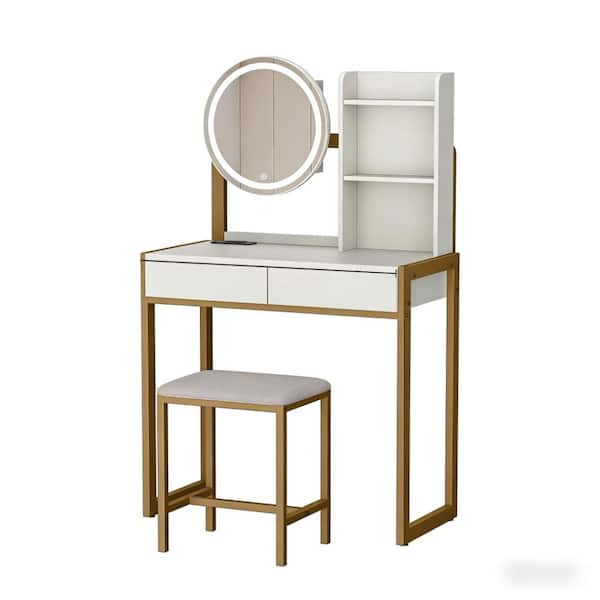 White and Gold Small Vanity Desk with 3-Color LED Mirror Lights