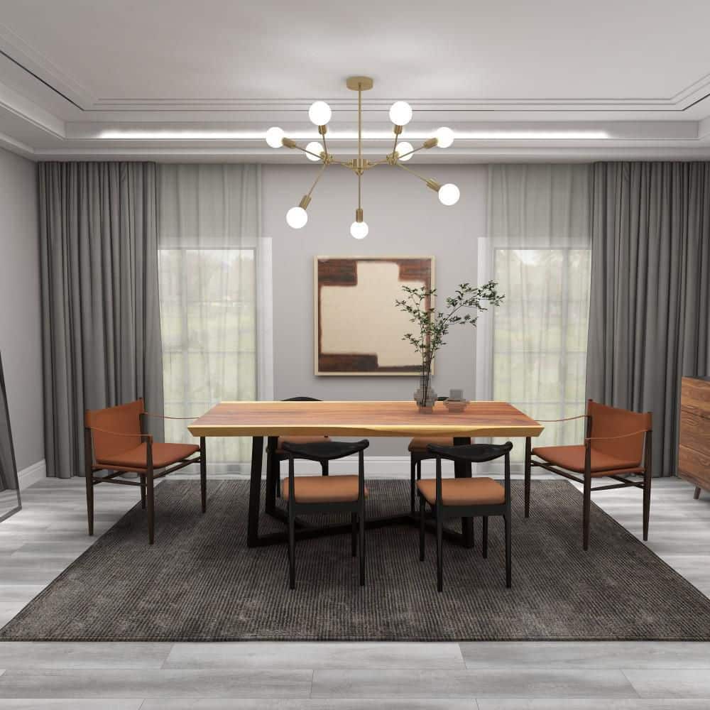 Contemporary Brown Wood Dining Table with Black Metal Base