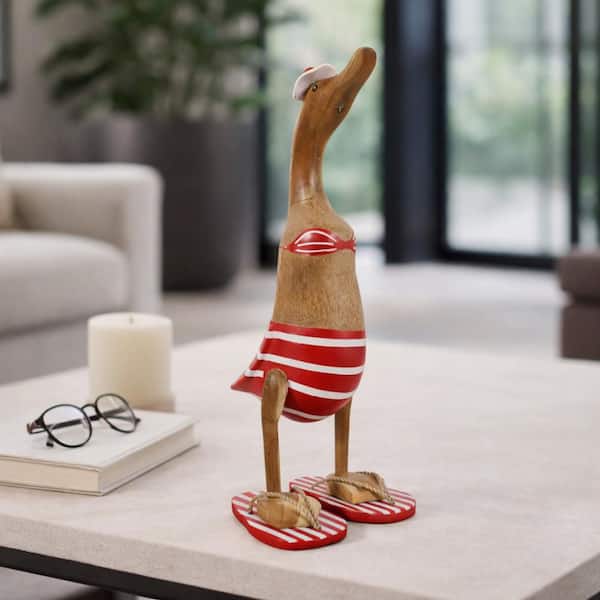 Brown/Red 6 in. x 16 in. Wood Decorative Bikini Duck Figurine