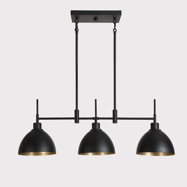 3-Light Black and Gold Linear Chandelier with Metal Shades