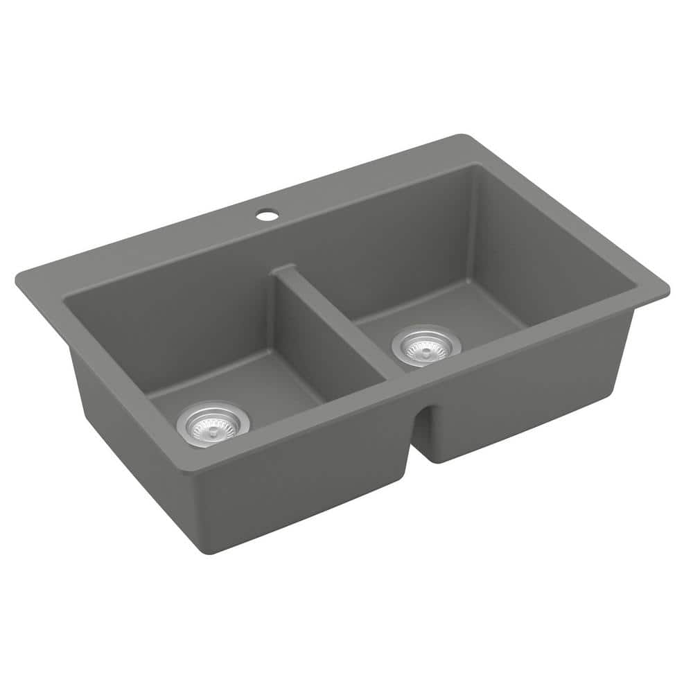 Gray Quartz 33'' Double Bowl Drop-In Kitchen Sink