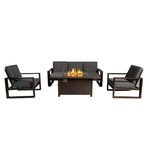 PATIOPTION Aluminum Patio Conversation Set with Gray Cushions and 55.12 in Fire Pit Table Sofa Set - 2 Armchair plus 3-Seater Sofa